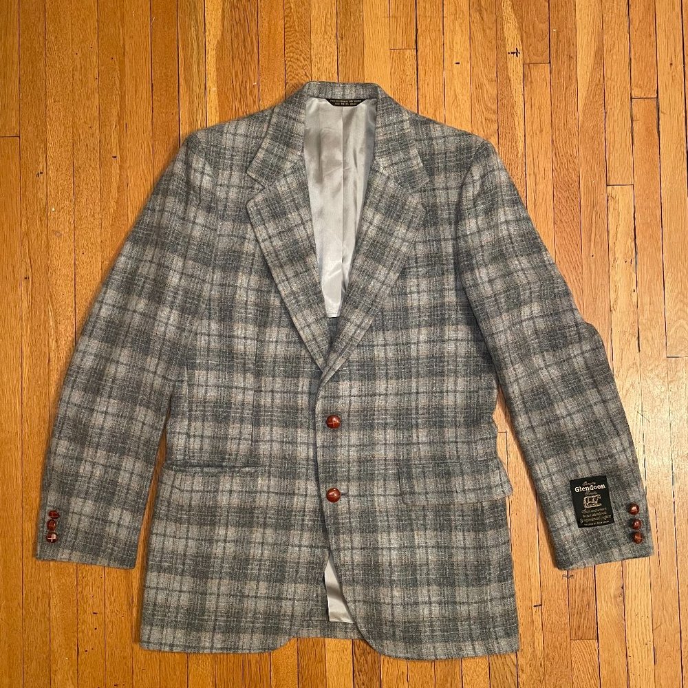 Grey Plaid Wool Tweed Blazer